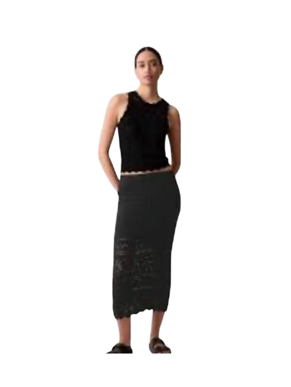 Gap Crochet pull-on Midi Skirt Black Womens XL 100Cotton stretch fall travel